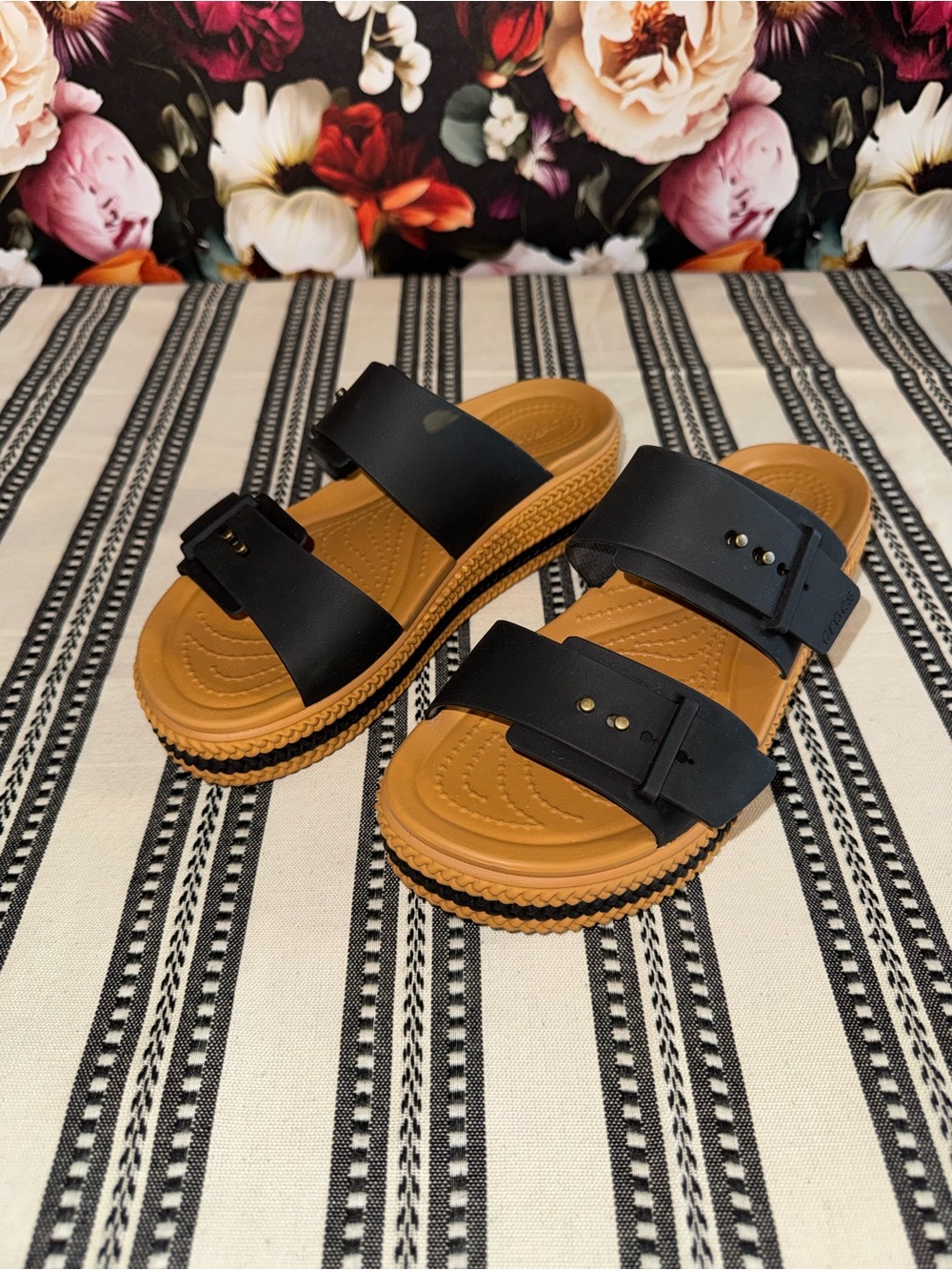 CROCS Double - Strap Black and Tan Platform Sandals, Size 7